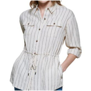 Calvin Klein Striped Tie Waist Button Down Roll-Tab Sleeves Shirt Large Women's